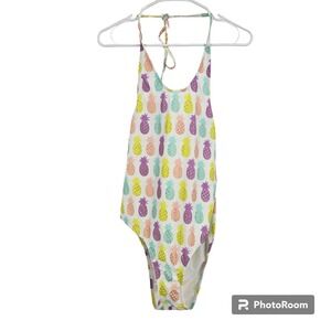 Sugar Coast Lolli Swim Swimsuit White Pineapple Print One-Piece Halter NWT Sz L